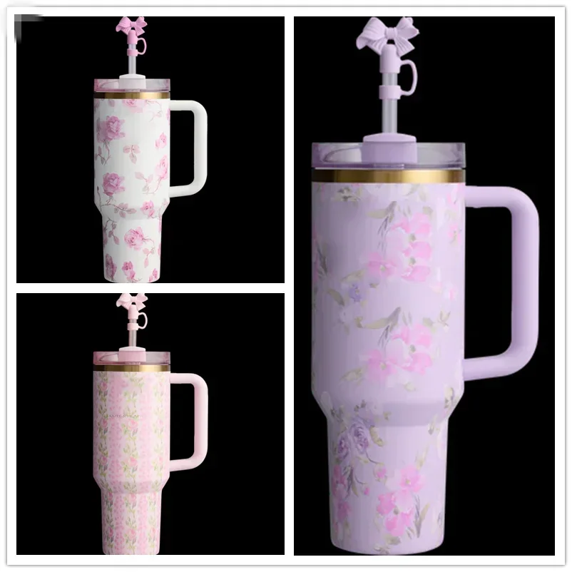 Hot Sale Engraved Floral Tumbler Mug 40oz Premium Stainless Steel Tumbler with Silicone Handle Vacuum Travel Home and Outdoors