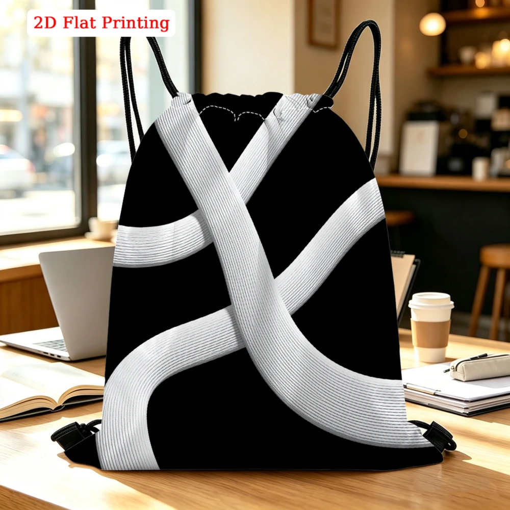 White Ribbons On Black Background Drawstring Bag, Travel Shoe Bag, Fitness Sports Outdoor Backpack