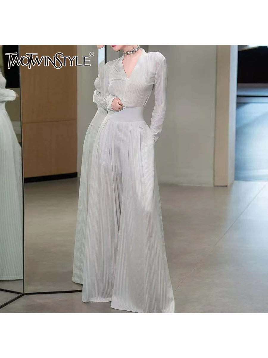 

TWOTWINSTYLE Solid Two Piece Set For Women V Neck Long Sleeve Top High Waist Temperament Loose Pant Sets Female Fashion Style