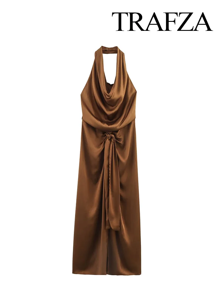 HH 여성 2025 신상 슬림 새틴 질감 솔리드 민소매 미디 드레스 여성 봄 홀터넥 칼라 홀로우 아웃 롱 드레스