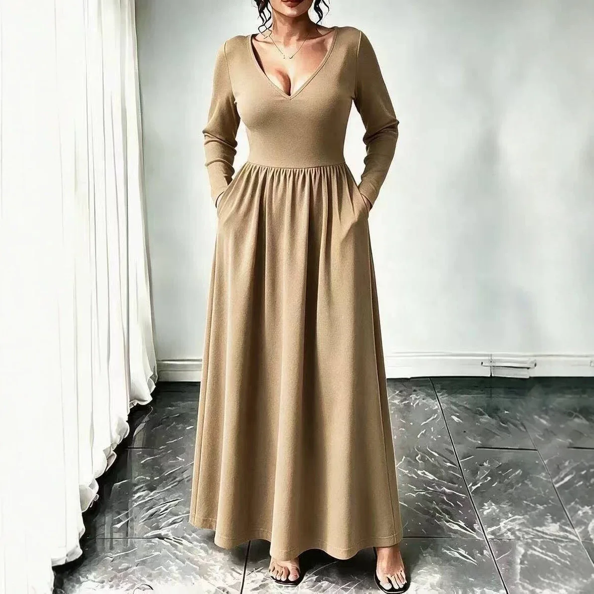 New Autumn. And Winter Collection: Elegant, Solid-color, V-neck It's Simple And Multifunctional Long-sleeved Clothes Maxi Sexy