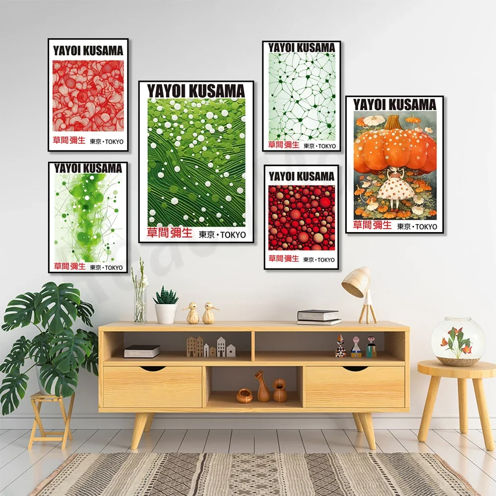 Japanese pop artist abstract prints, Yayoi Kusama inspired posters, pumpkin girls, contemporary Japanese art exhibition posters