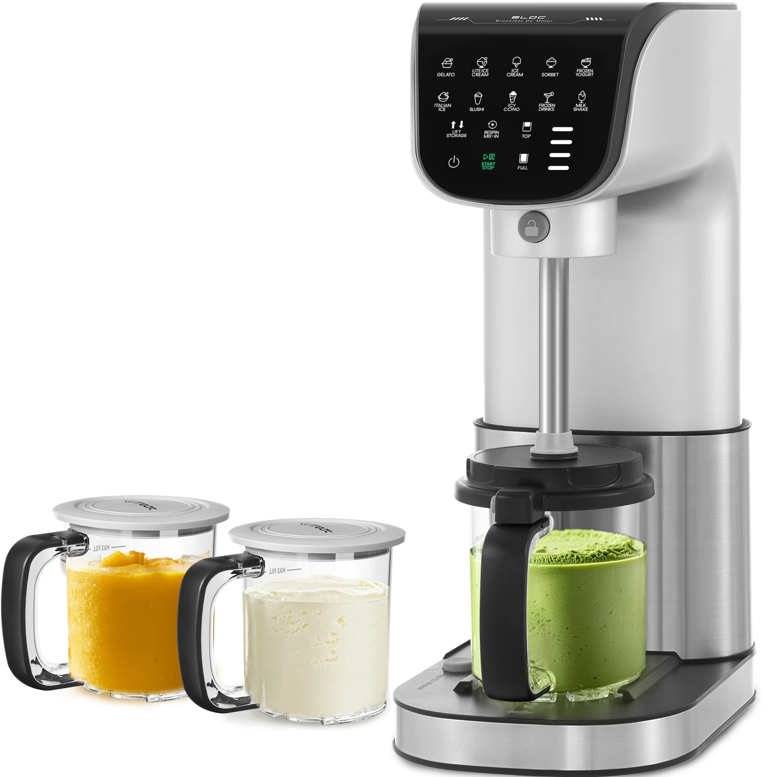 12-in-1 Eismaschine mit 3 Mixbechern, One-Touch Gefrorene-Dessert-Maschine, Gelato-Sorbet-Smoothie-Maker, Einfache Reinigung, Silber