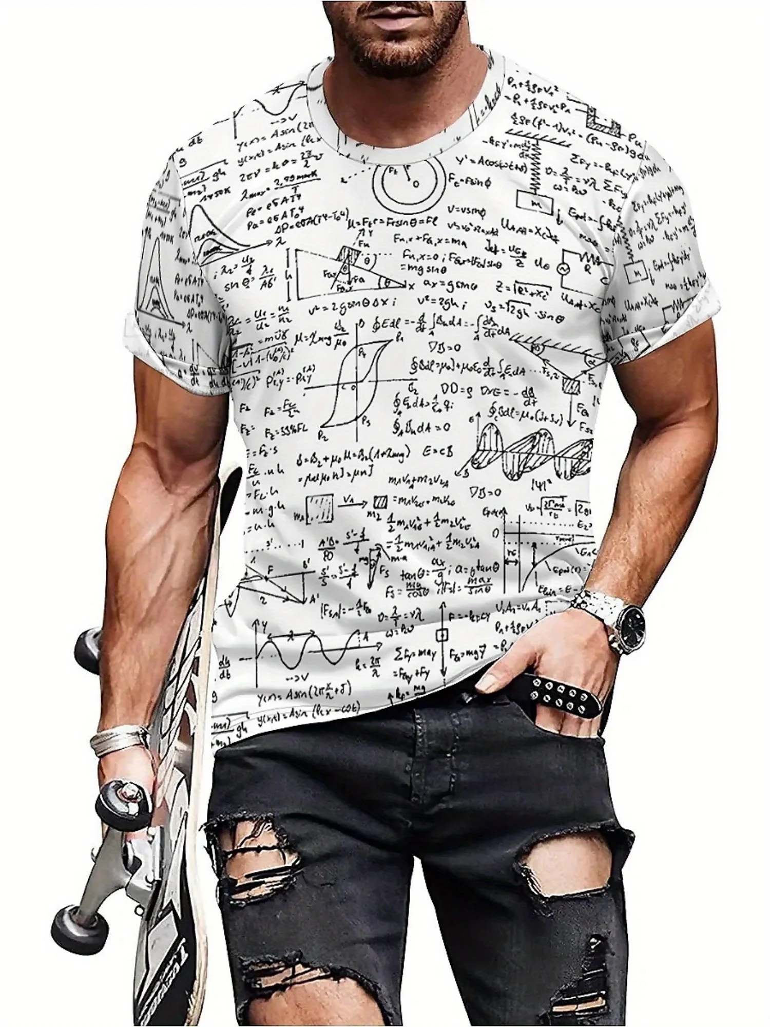 Men's 3D Geometric Print Short Sleeve T-Shirt - Soft Polyester Fabric, Round Neck, White with Black & Gray Formula Design