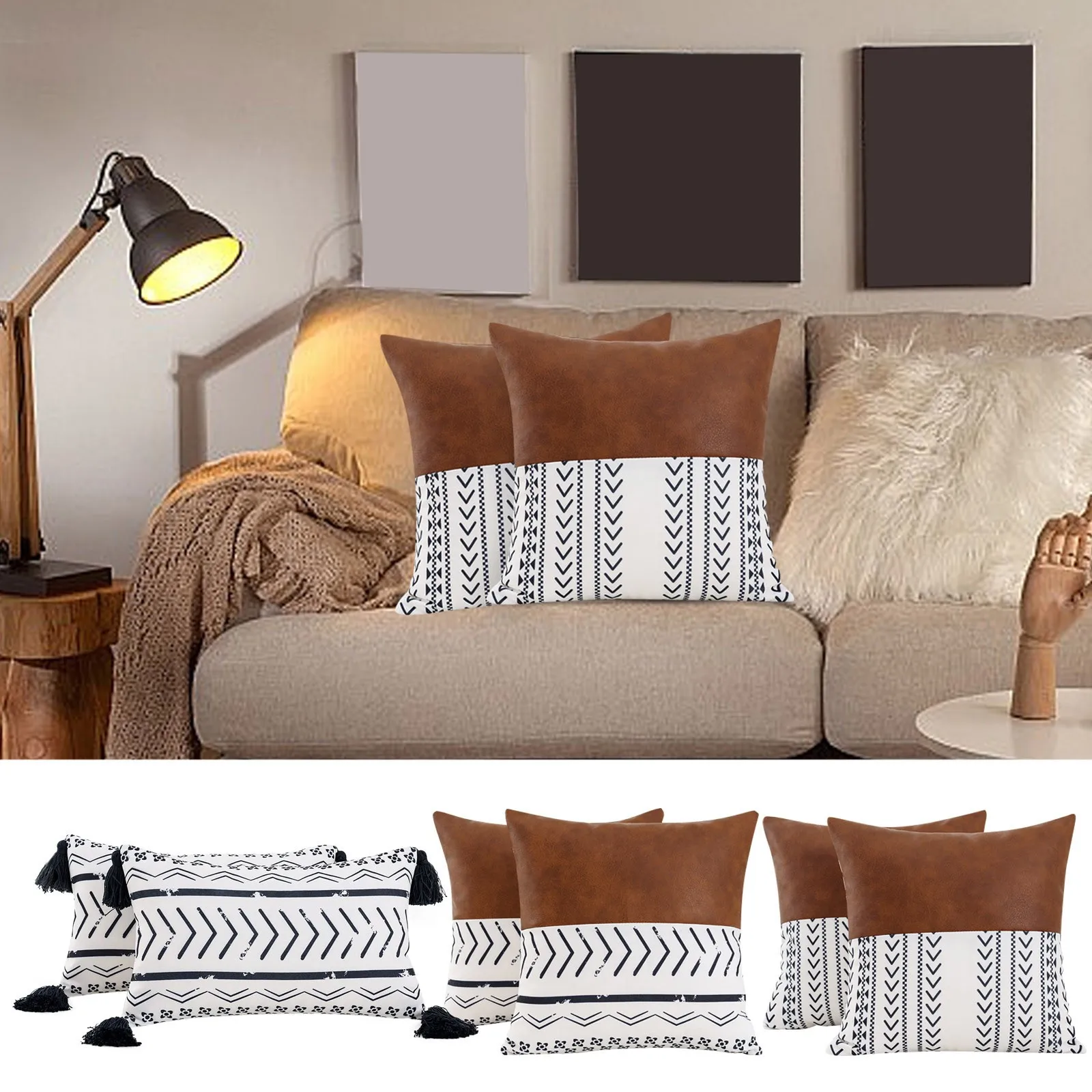 

Geometric Lines Tassel Pu Leather Pillow Pillow Cushion Back Pillow Case Pillowcase Protectors Standard Size