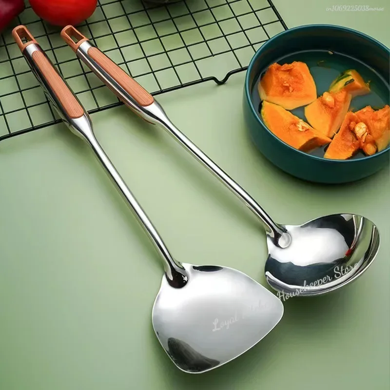 Espátula de Wok de acero inoxidable con mango largo, cuchara de arroz ranurada, cucharón, juego de utensilios de cocina, envío directo