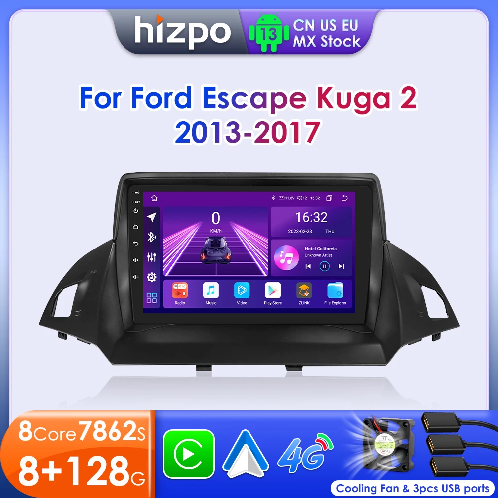 Hizpo 2 Din Android 12 For Ford Kuga 2 Escape 2013 - 2017 Car Radio Multimedia Video Player Navigation GPS 4G Carplay Stereo RDS