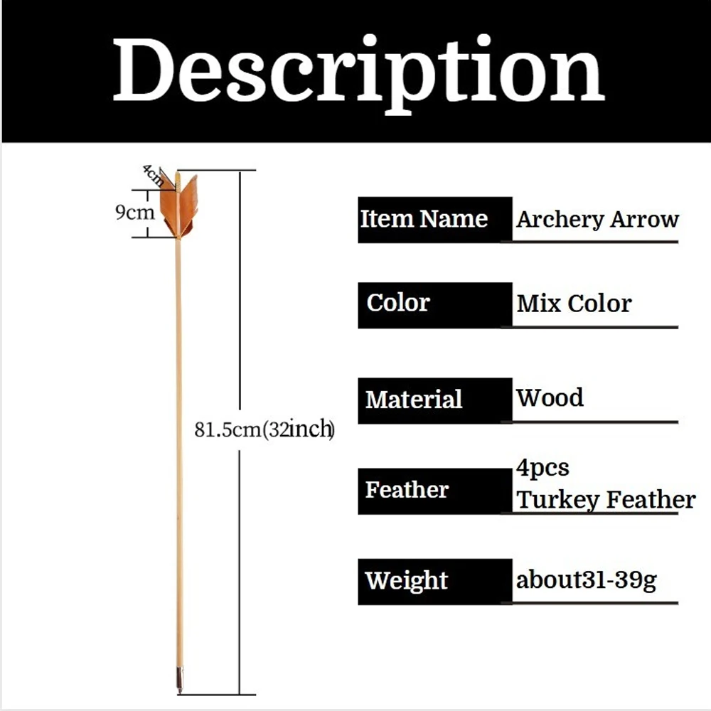 Wood Arrows 6pcs Turkey Feathers Handmade Diameter 8.5mm Arrow Shaft Length 80cm for Adults Shooting Target Hunting Accessories