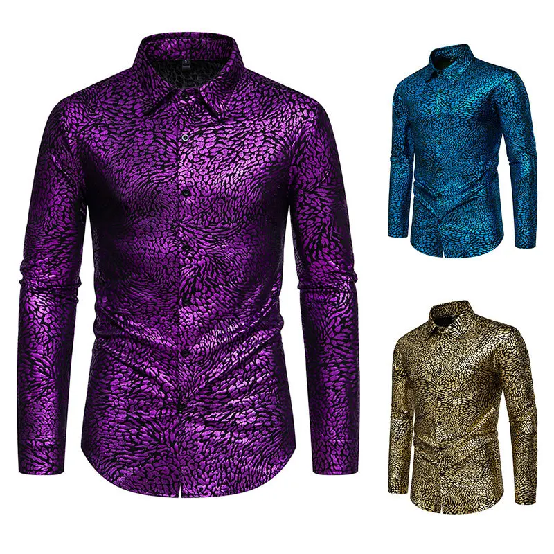 

Spring Men's Leopard Print Hot Stamping Print Glossy Long Sleeved Shirt Performance Suit Long Sleeved Shirt
