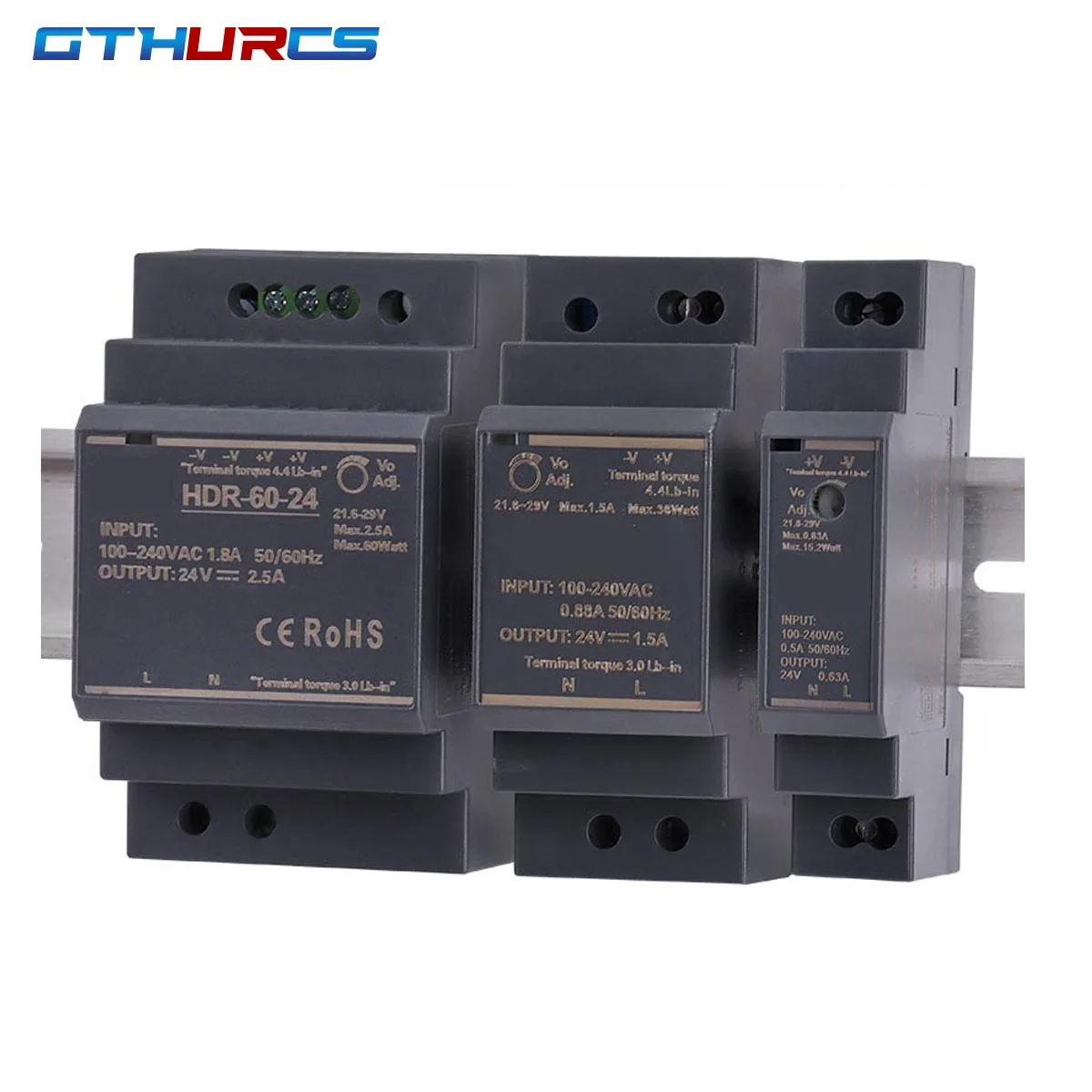 HDR-Series 15W 30W 60W 100W AC-DC 5V 12V 15V 24V 48V Ultra Slim Step Shape DIN Rail Switch Power Supply