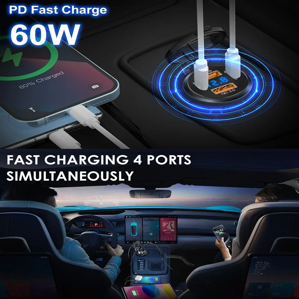 96W 4‑Ports Car Charger Socket Dual PD Dual QC3.0 Fast Charger with Voltmeter 12‑24V USB Power Outlet for Car Truck Boat Marine