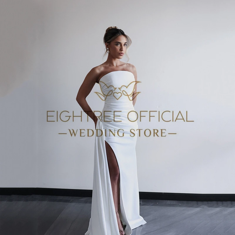 Eightree Einfache weiße Meerjungfrau-Brautkleider, trägerlos, seitlich geschlitzt, Satin-Brautkleid, formelle Maxi-Hochzeits-Abschlussballkleider, individuell gestaltet