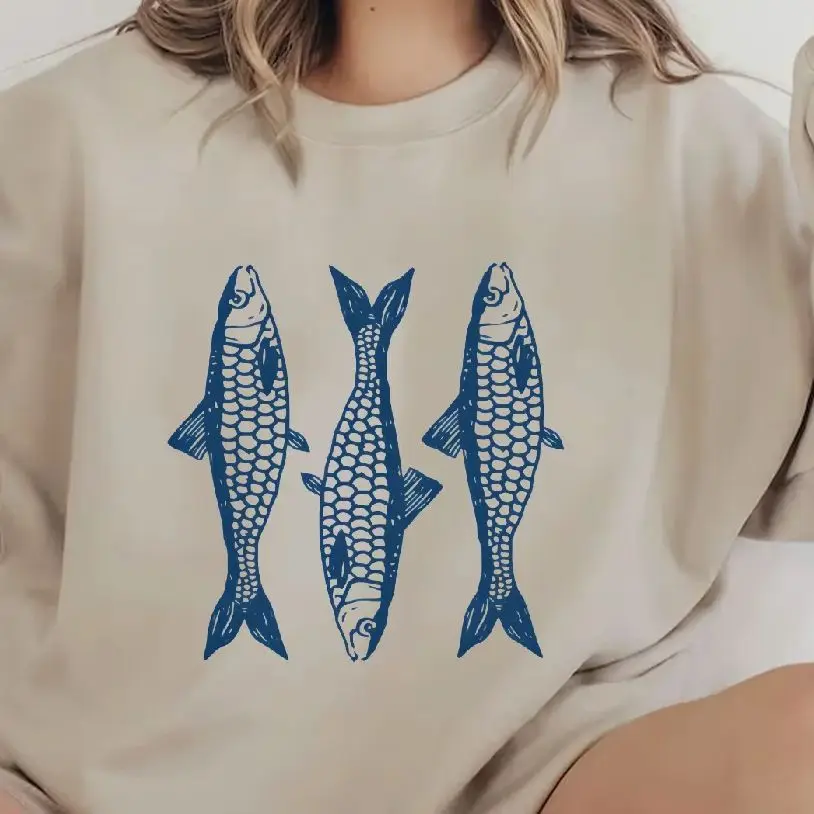 

Aesthetic Retro Vintage Sweatshirt Aesthetic Graphic Hoodies Y2K Casual Daily Wear Unisex Stylish Pullover Sardines Fisherman