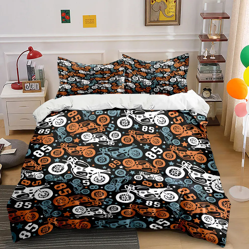 Retro Motorcycle and Number Pattern Printed Duvet Cover Set1 Duvet Cover+2 PillowcaseMulti Size Bedroom Bedding Decor