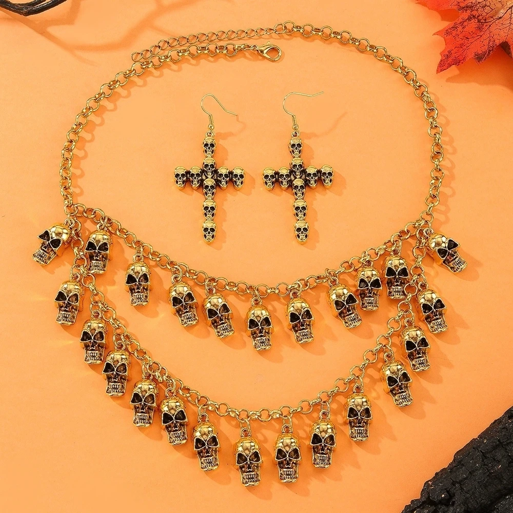 مجموعة مجوهرات الهالوين القوطية الشرير خمر طبقة مزدوجة سبيكة الجمجمة شرابة قلادة وأقراط النساء اكسسوارات الحفلات #5