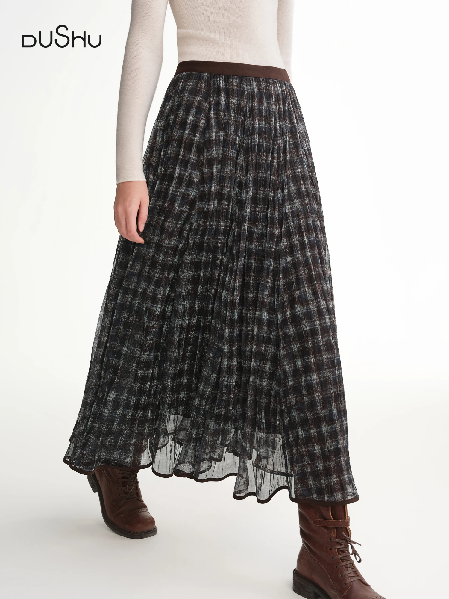 DUSHU Blue Brown Plaid Midi Skirt Women A-Line Vintage
