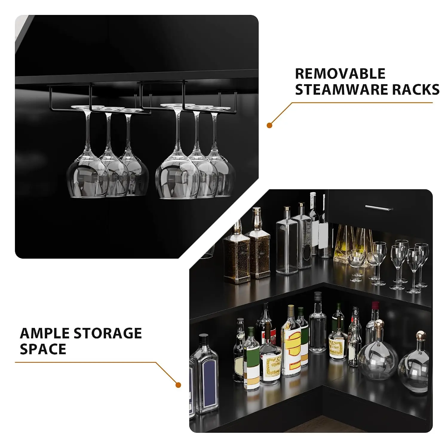 L-Shaped Corner Bar Cabinet, 4-Tier Liquor Storage with Outlet Drawer & Stemware Racks, Wine Desk for Pub  Basement, Customized