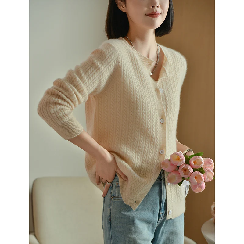 Cashmere sweater autumn/winter new 100% pure wool cardigan casual knitted sweater round neck Tops ladies loose Blouse Coat