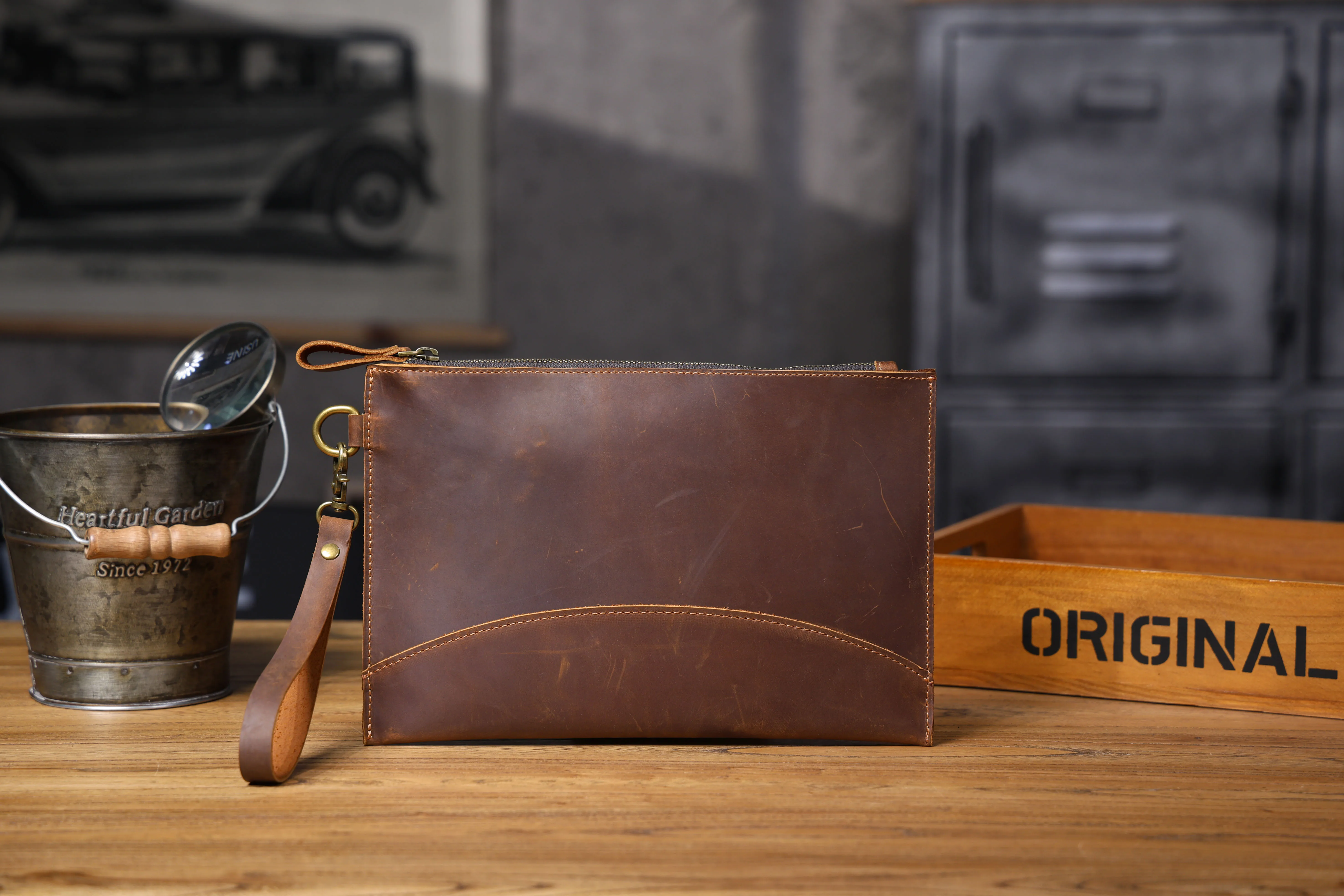 Vintage Echtleder Herren-Clutch-Tasche Lange Geldbörse für Männer Erstklassiges Leder Retro-Kartenhalter Handyhalter – Detail 20
