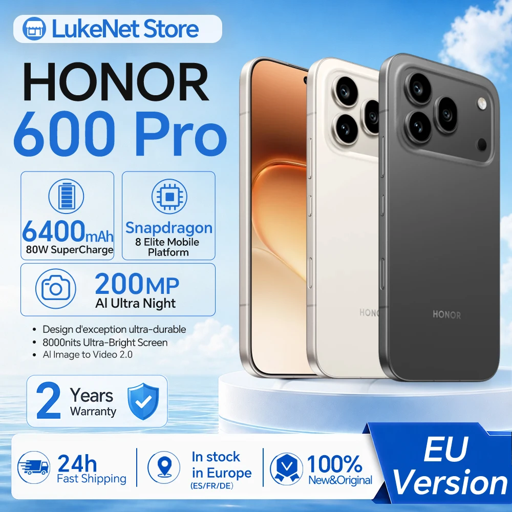 Smartphone HONOR 600 Pro 5G Snapdragon 8 Elite 200MP AI Ultra Night 6400mAh 80W Supercharge 50W Wireless 6.57" AMOLED Bouton IA