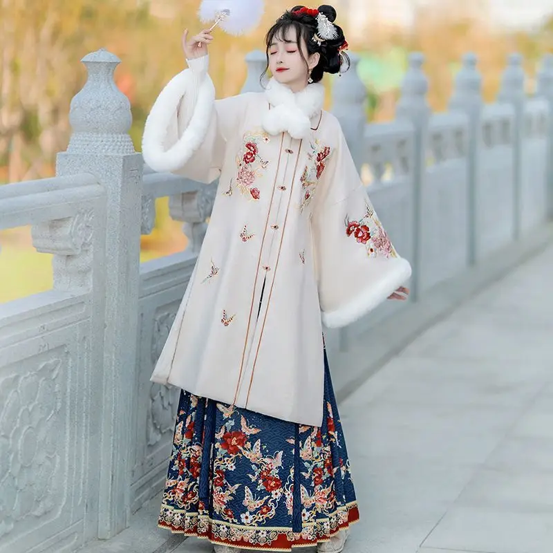 

Hanfu Women's Winter Round Neck Long Thickened New Year's Double Breasted Coat With Han Elements Improved Ancient Costume Horse