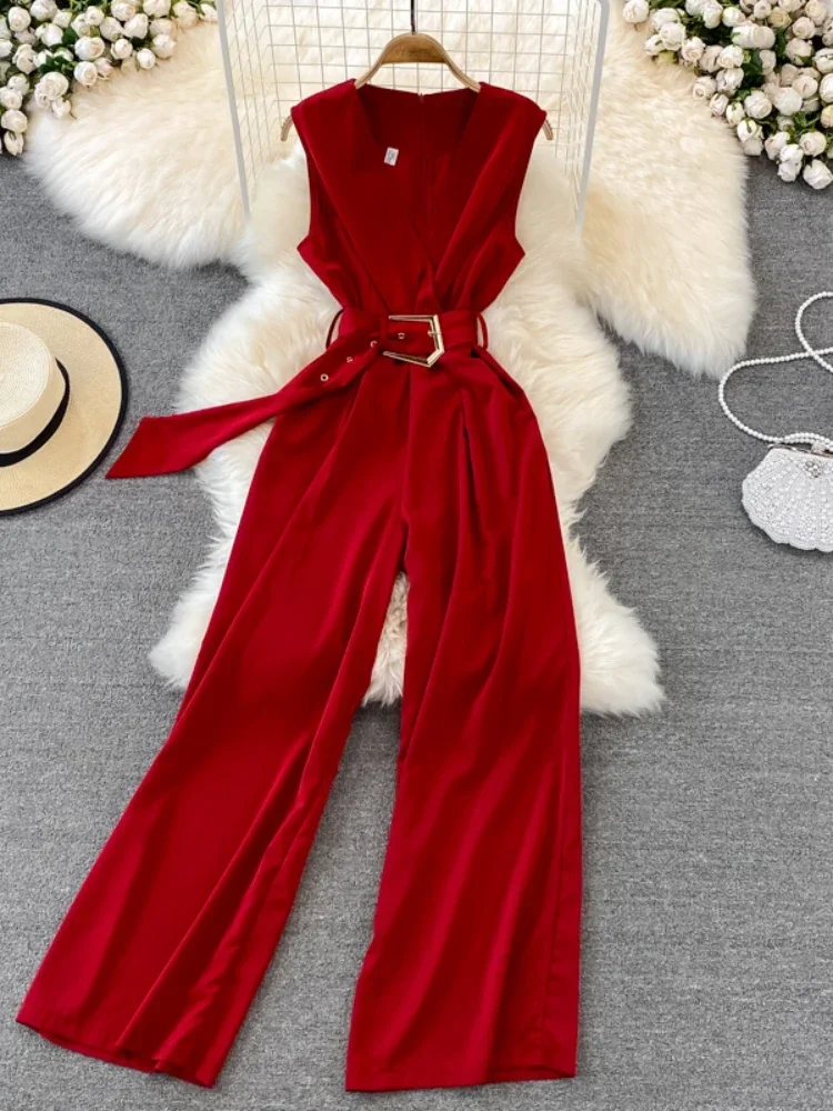 Summer Women V-neck Chiffon Jumpsuits With Belt Office Ladies Retro Rompers Straight Pants Overalls Playsuits Ladies Jumpsuit