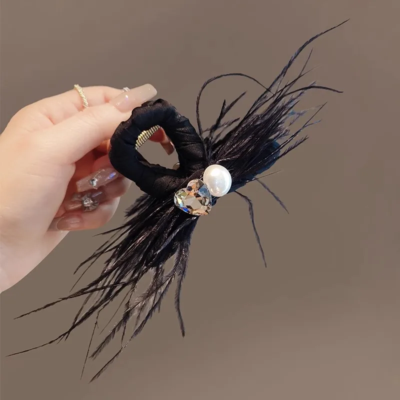 Premium Fluffy Feather Hair Claw Clip Heart Rhinestone Shark Clip for Women Back of Head  Elegant Daily  Accessories for Women