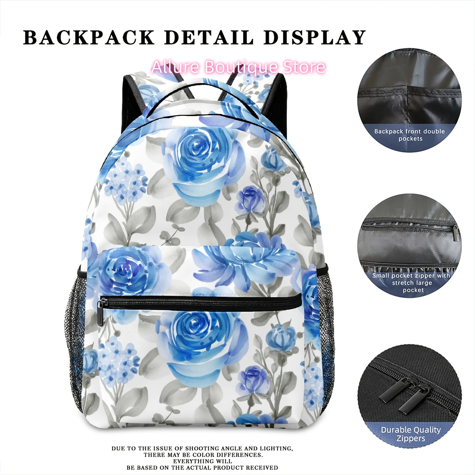 Ink-Splatter Blue Floral Backpack - Large Capacity Laptop Bag Suitable for, Work, Travel, Hiking, Commuting, Machine Washable Li