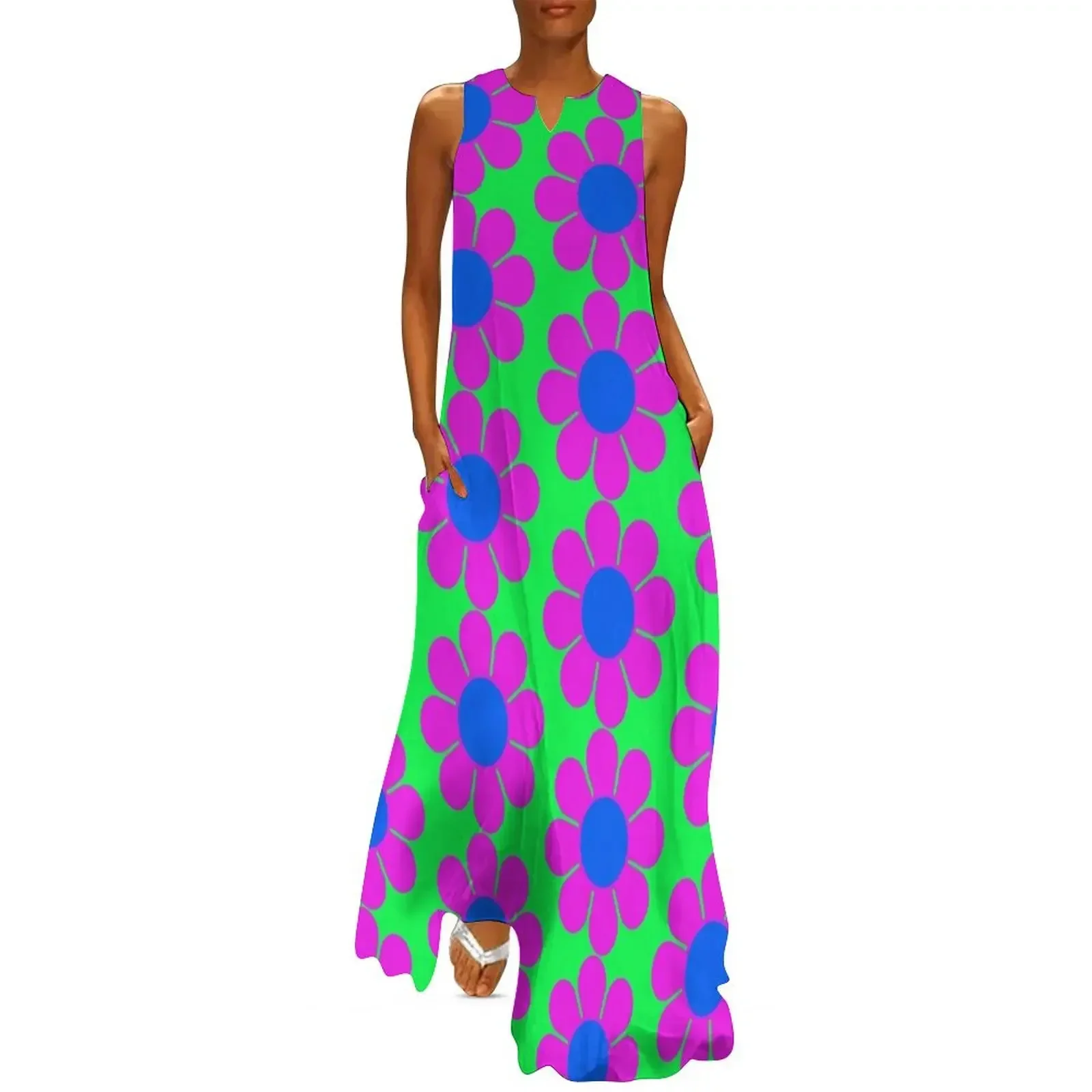 

Pink Blue Hippie Flower Power Daisy Long Dress Bride dresses sexy dress for women Female dress
