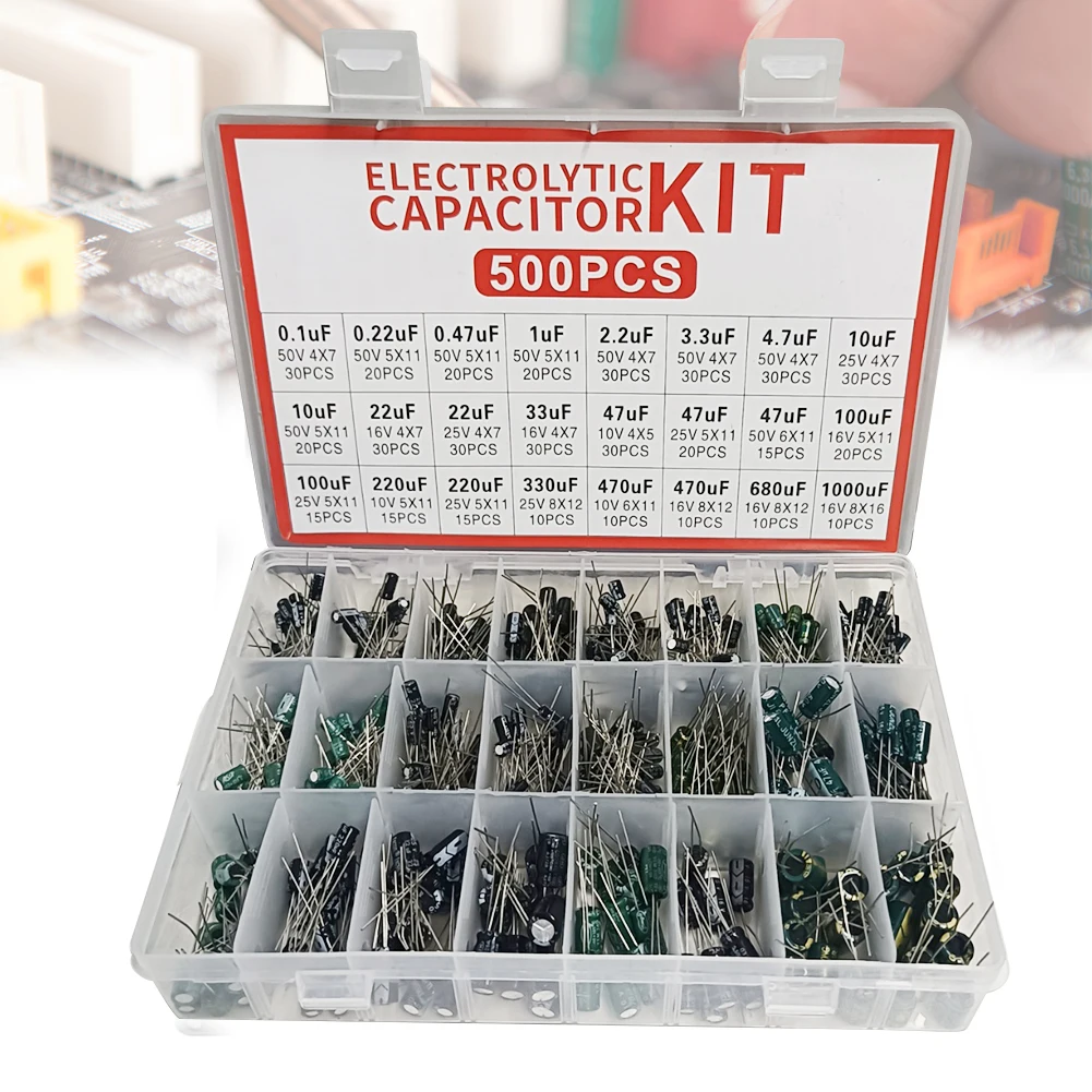 500 Uds 24 valores 16-50V 0,1-1000uF caja surtida Kit surtido de condensadores electrolíticos para TV LCD Monitor Radio estéreo juego