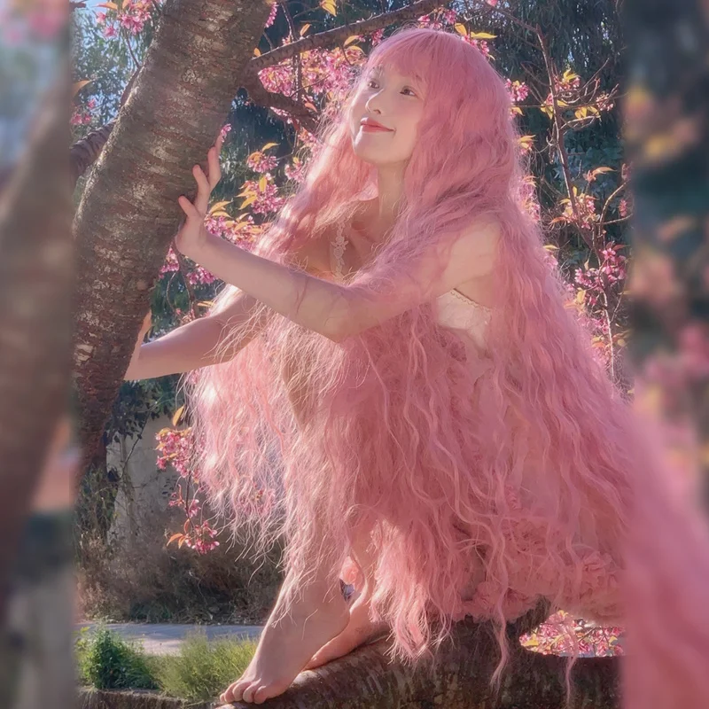 Vrouwen Mori Roze Pruik 1 Meter Lang Krullend Haar Cos Donkere Bloesem Roze Haar Vol Hoofd Voor Meisjes Lolita Cosplay Water Fotografie