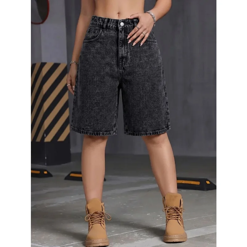 Pantalones Cortos Bermuda de Mezclilla Negra con Lavado Ácido para Mujer, Colección Primavera Verano 2026, Ajuste Holgado y Relajado, Minimalista, Versátil, Casual, de Cinco Puntos