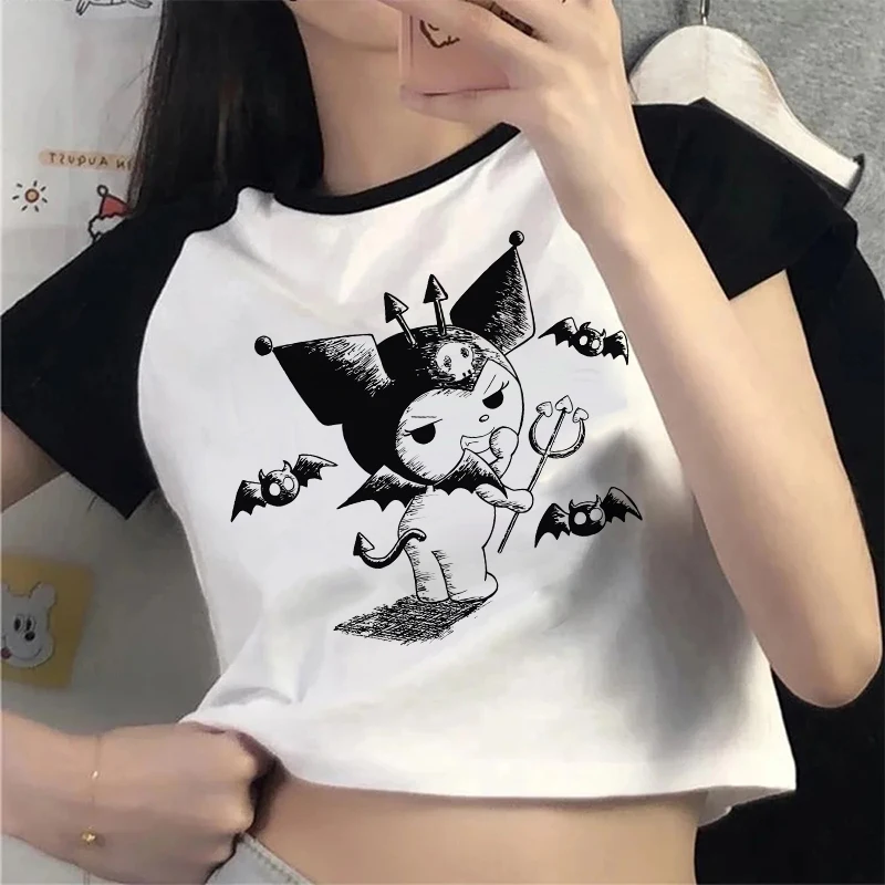 Gotik Kırpma Üst Kuromi T Gömlek Kırpılmış Sanrio Kuromi Kadın Manga T-shirt Grafik Tshirt streetwear en Tees Kadın