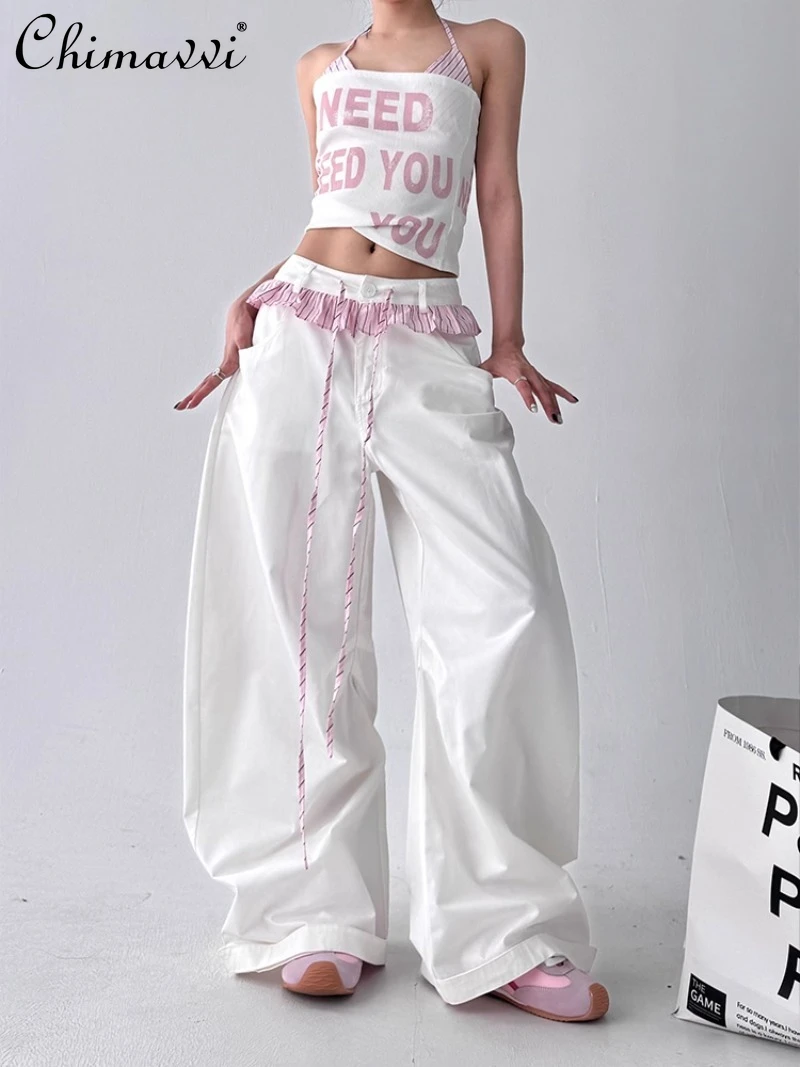

Lace Splicing Korean Loose Wear Casual Pants Women's High Waist Loose and Thin Wide-leg Pants