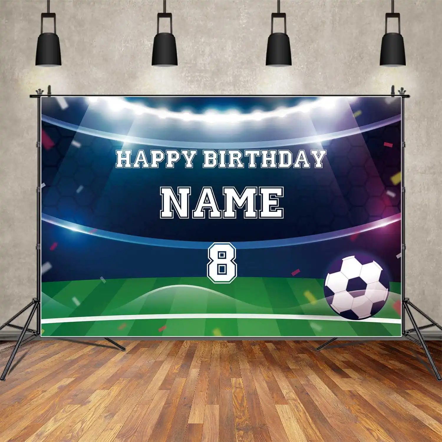 MOON.QG Backdrop Customized Happy Birthday Soccer Football Field Party Wall Background Blue Lights and Green Grass Photo Booth