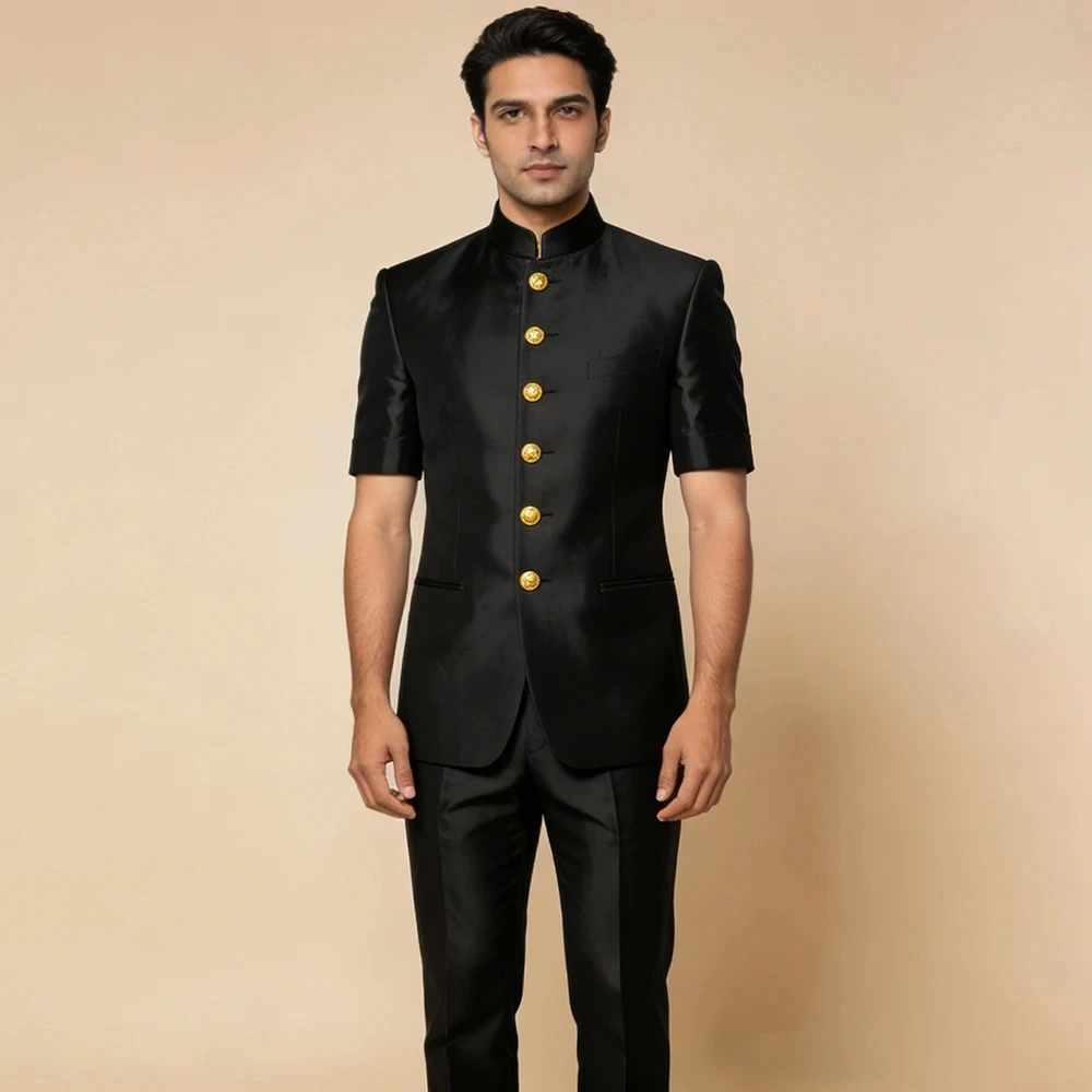 

Черный атласный мужской костюм с коротким рукавом, отложным воротником, для свадьбы, выпускного, повседневный, летний, мужская одежда, комплект из 2 предметов: пиджак и брюки