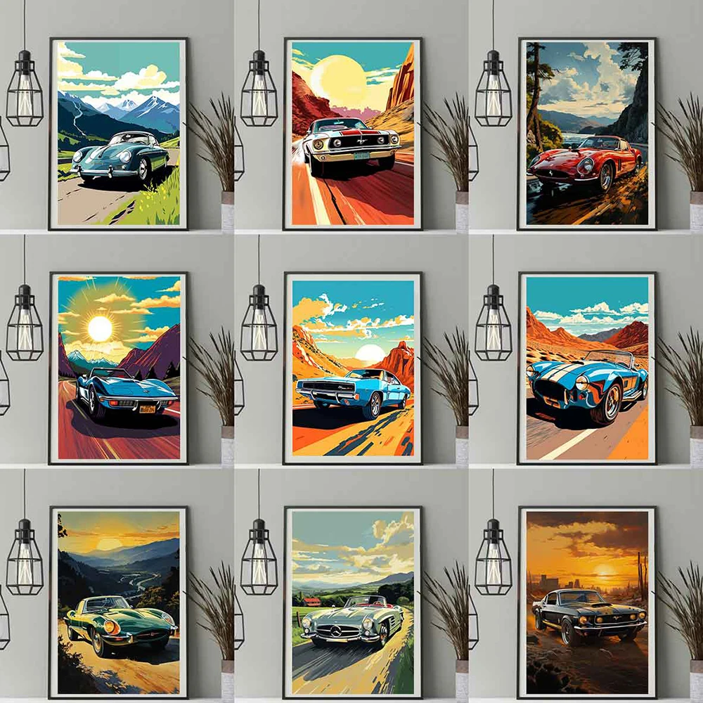 Classic Retro Mustang Muscle Racing Poster Print Vintage Luxury Sports Car Graffiti Canvas Painting Gaming Wall Art Room Decor