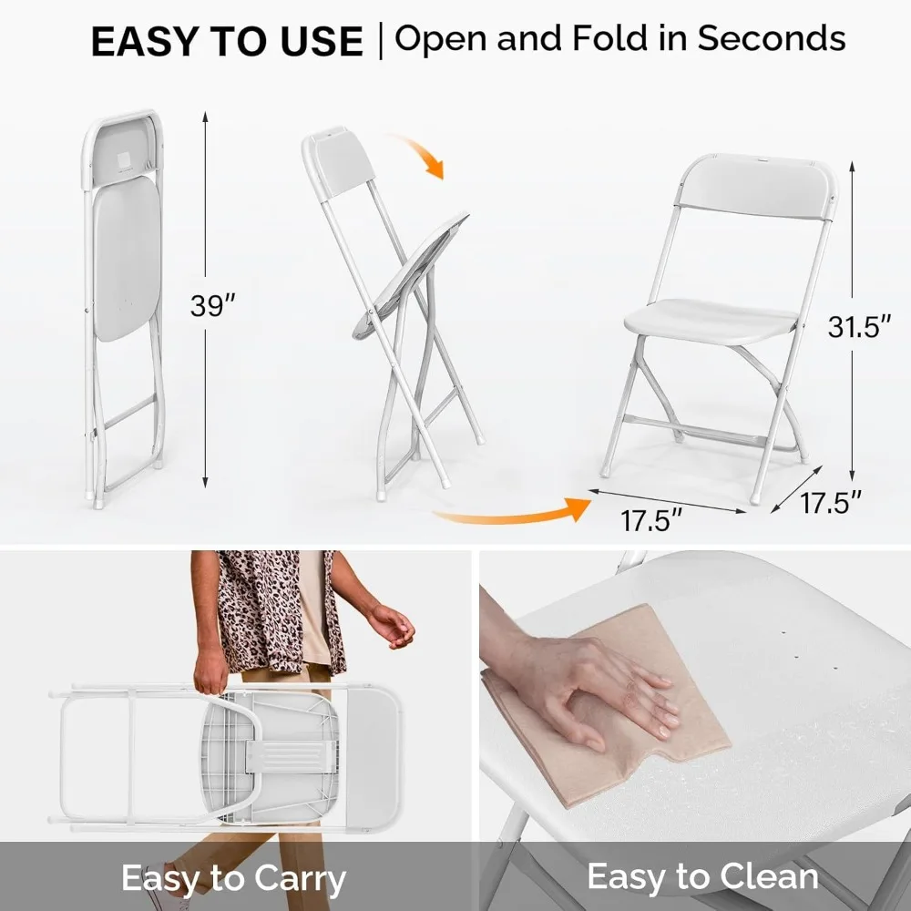 10 Pack White Plastic Folding Chair, Indoor Outdoor Portable Stackable Commercial Seat with Steel Frame 350lb. Capacity for Eve image 3