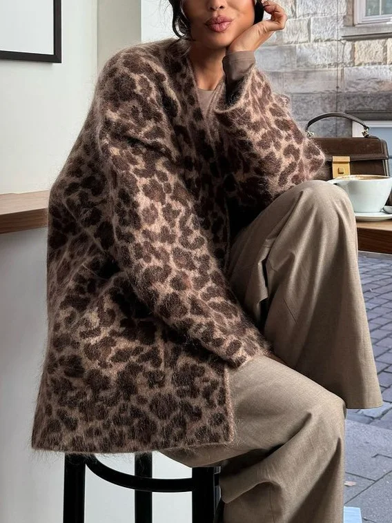 

European American Women's Leopard Print Casual Jaet Faionable Wool Blend Coat Sli Winter Outerwear for Ladies