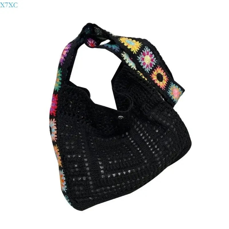 

X7XC Women Beach Bag Flowers Shoulder Bag Knitted Crossbody Bag Crochet Vacation Bag