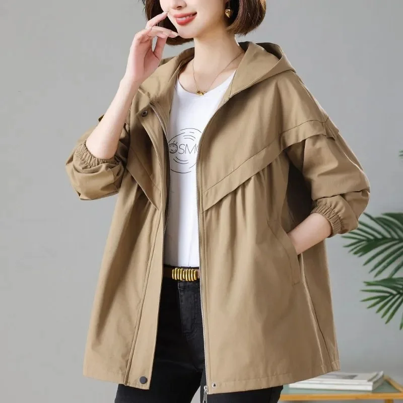 

Women Spring Autumn Hooded Trench Coat Fashion Loose Pocket Jacket Korean Office Lady Mid Length Casual Outerwear Windbreakers