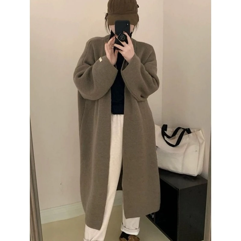 

Ленивый стиль, вязаный кардиган средней длины до колена, свитер на осень и зиму, свободное и нишевое дизайнерское пальто, мягкая куртка