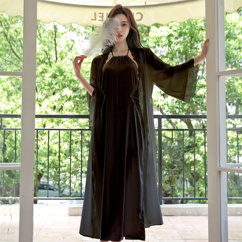 Female Long Twinset Robe Set Sexy Patchwork Lace Backless Suspender Nightgown Sleepwear Summer Casual Satin Bathrobe Home Dress