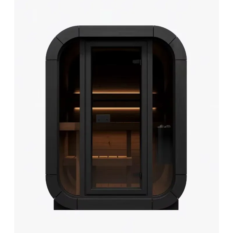 Customized 2 Person Outdoor Mini Cube Sauna, Black Solid Wood Wet Steam Sauna Room with Stove and Heating Stones
