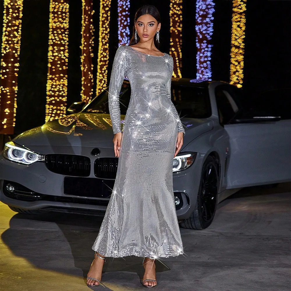 

Women's Luxury Sequins Maxi Evening Dress Silver Crew Neck Long Sleeve Party Bodycon Dress Elegant Wedding Guest Long Dresses