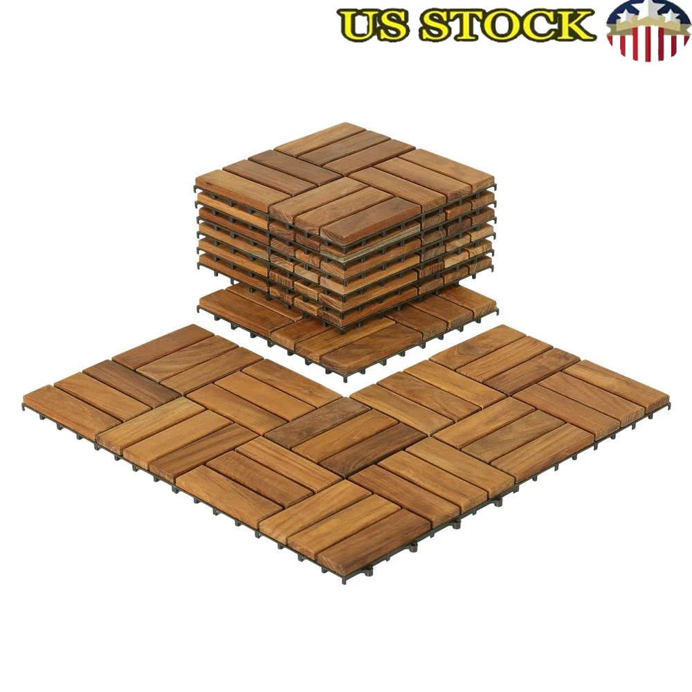 Solid Teak Wood Interlocking Flooring Tiles Pack of 10 Easy DIY Indoor Outdoor Application Durable Natural Material 12x12 Inches