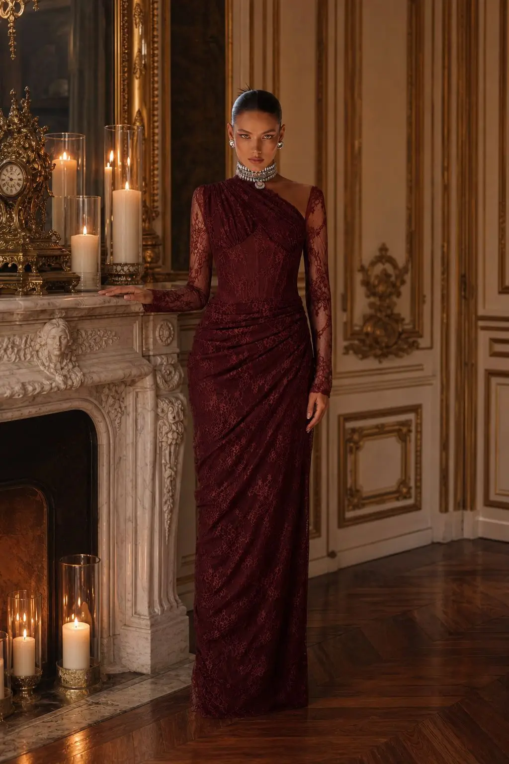 VC Burgundy Lace Evening Dress Long Sleeve One Shoulder Ruched Maxi Gown For Wedding Guest Prom Party Floor Length Evening Dress