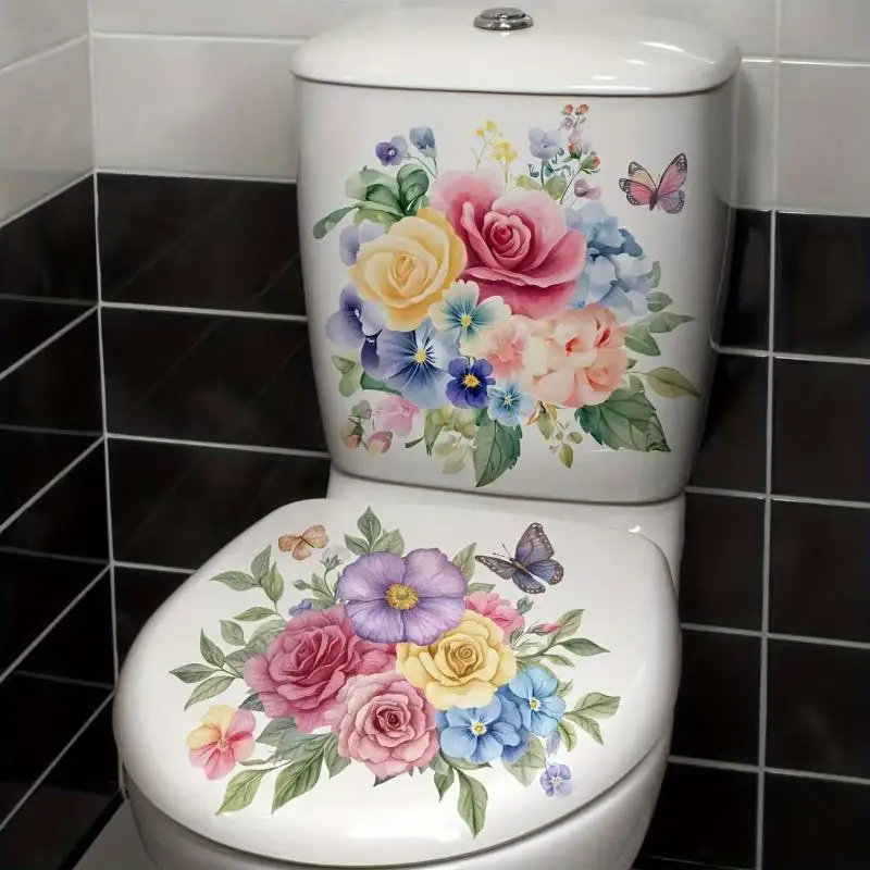 Floral Toilet Sticker Waterproof Budget Friendly Bathroom Decor Self-Adhesive Toilet Lid Wall Decal for Home