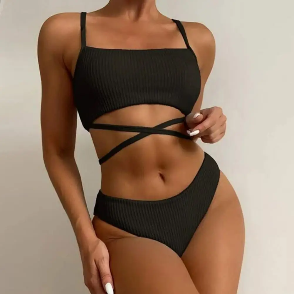 

Women Bikini Spaghetti Straps Bandage Ribbed Summer Bikini Sexy Solid Color Swimwear Set for Water Activity Women's Clothing