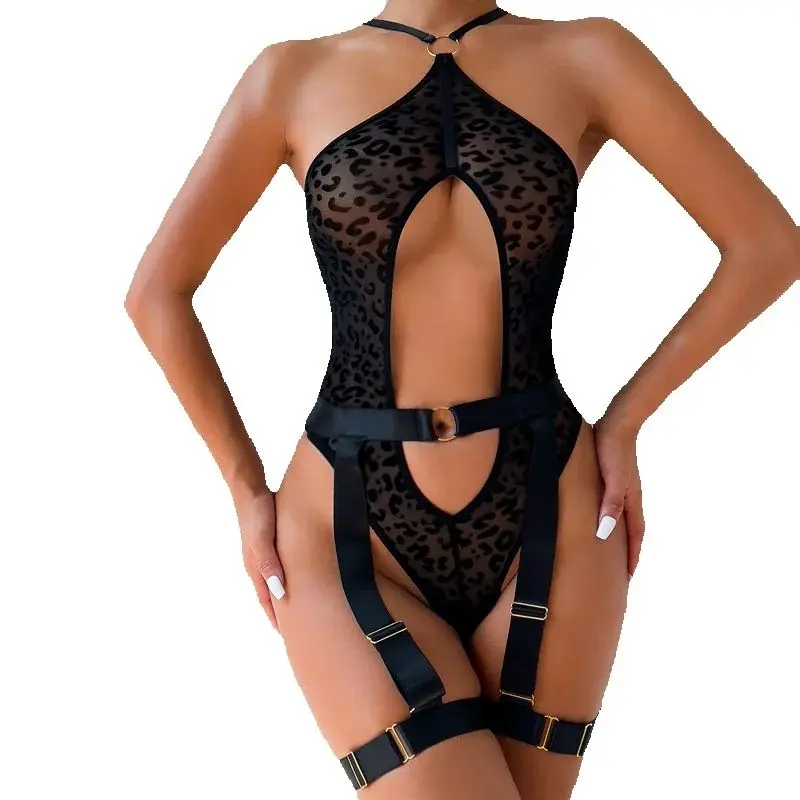 

Bodysuit Hollow Out Transparent Leopard Lace Body Lingerie Halter Bra One Piece Ultra-thin Underwear Sexy Exotic Outfit